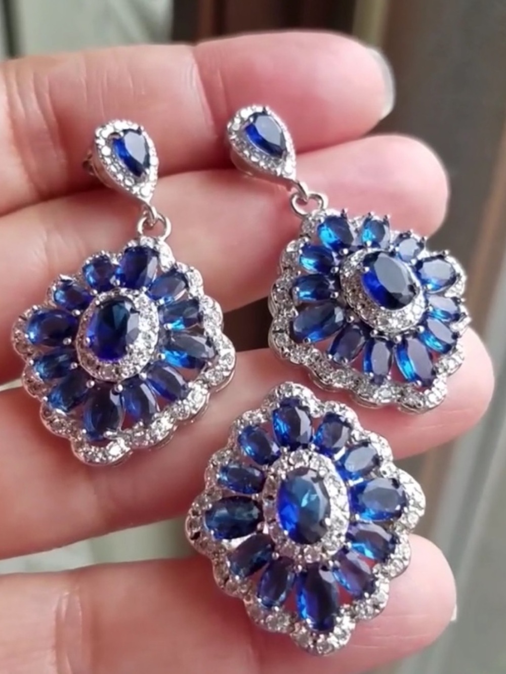 Swarovski Elements Blue Sapphire 925 Sterling Silver Ring & Earrings SET NEW
